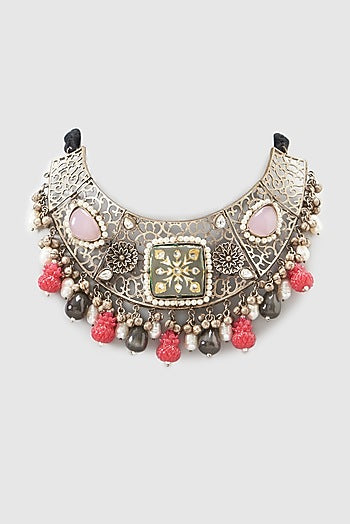 Oxidized Finish Multi-Colored Stone Necklace