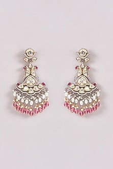 Black Rhodium Finish Kundan Polki & Pink Pearl Drop Dangler Earrings