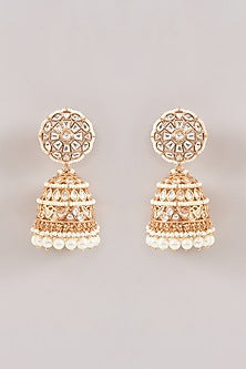 Gold Finish Kundan Polki & Pearl Jhumka Earrings