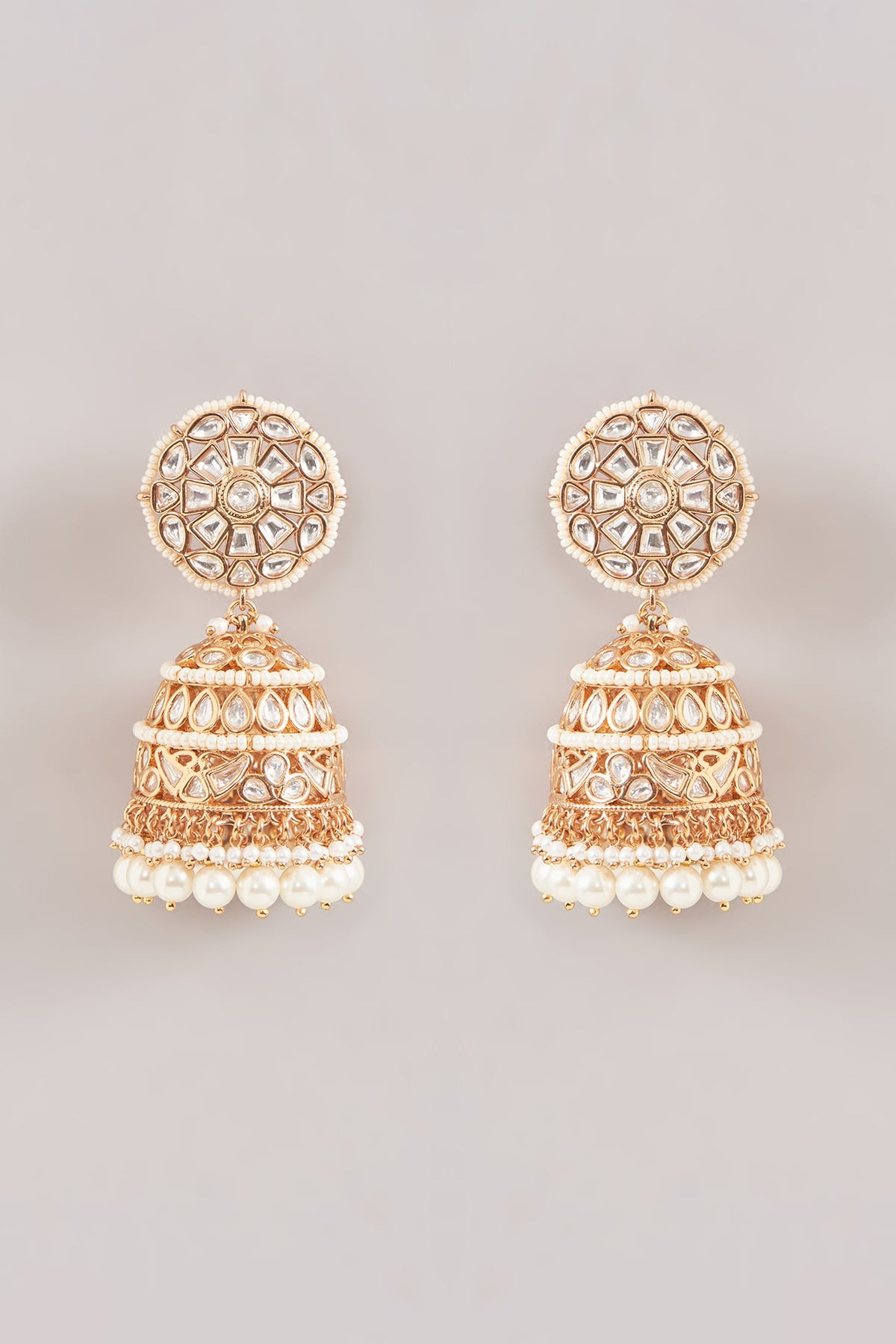 Gold Finish Kundan Polki & Pearl Jhumka Earrings