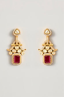 Gold Finish Moissanite & Red Stone Pendant Necklace Set