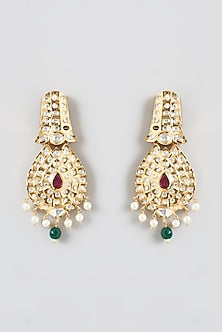 Gold Finish Kundan Polki & Pearl Dangler Earrings