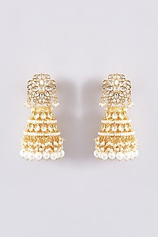 Gold Finish Kundan Polki & Pearl Jhumka Earrings
