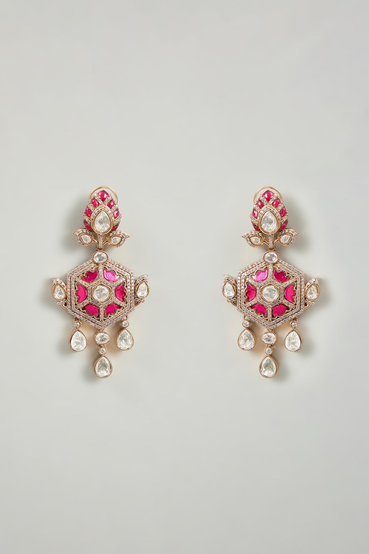 Two-Tone Finish Pink Stone Dangler Earrings