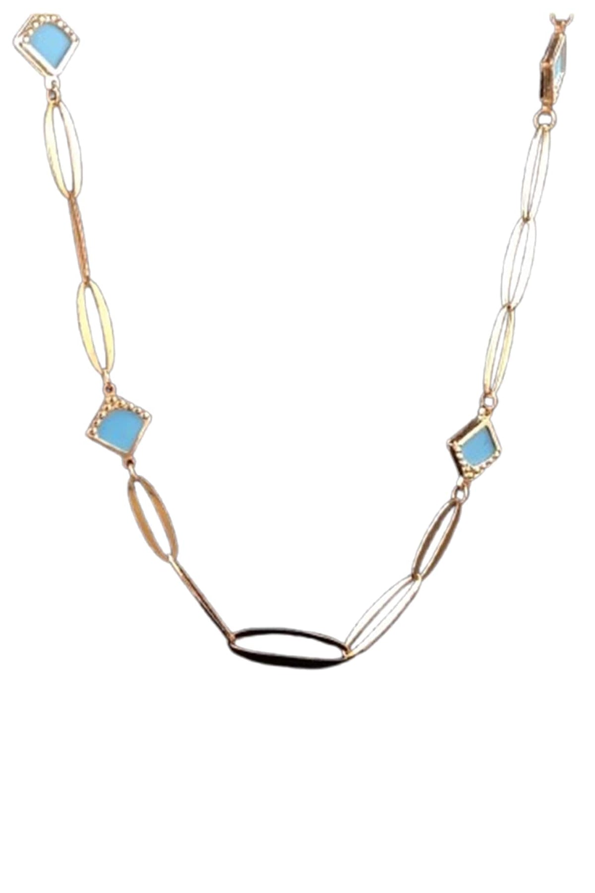 18kt Two Tone Finish Turquoise Diamond-Shape Charm Link Necklace