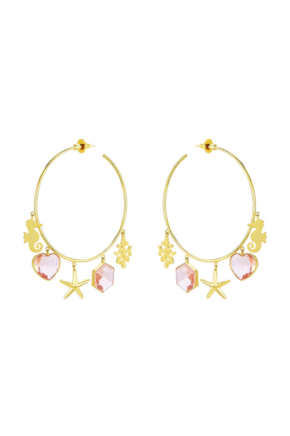 Gold Finish Hoop Earrings With Pink Stones