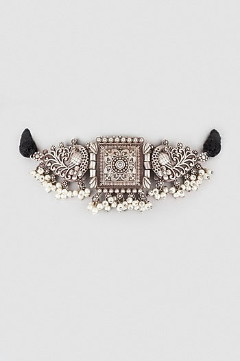 Black Rhodium Finish Floral Motif Choker Necklace
