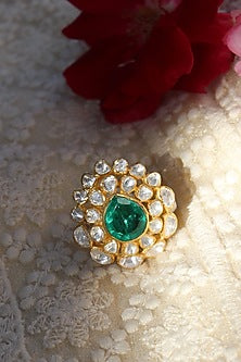 Gold Plated Moissanite Kundan Polki Handcrafted Ring In Sterling Silver