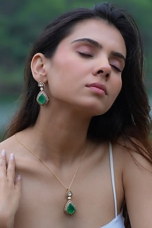 Gold Plated Moissanite Polki & Semi-Precious Stone Handcrafted Necklace Set In Sterling Silver