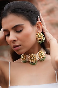 Gold Plated Moissanite Polki & Semi-Precious Stone Handcrafted Choker Necklace Set In Sterling Silver