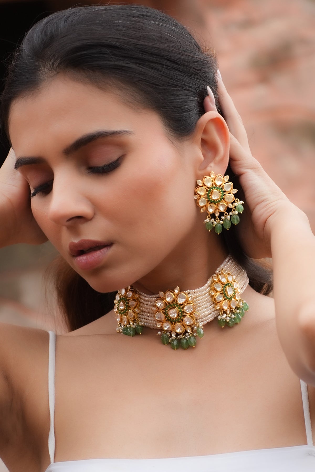 Gold Plated Moissanite Polki & Semi-Precious Stone Handcrafted Choker Necklace Set In Sterling Silver