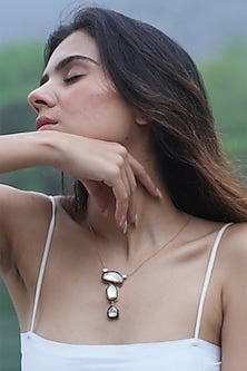 Gold Plated Moissanite Polki & Semi-Precious Stone Handcrafted Necklace In Sterling Silver