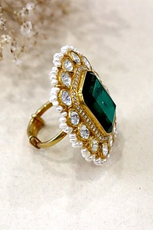 Gold Plated Moissanite Polki & Semi-Precious Stone Ring In Sterling Silver