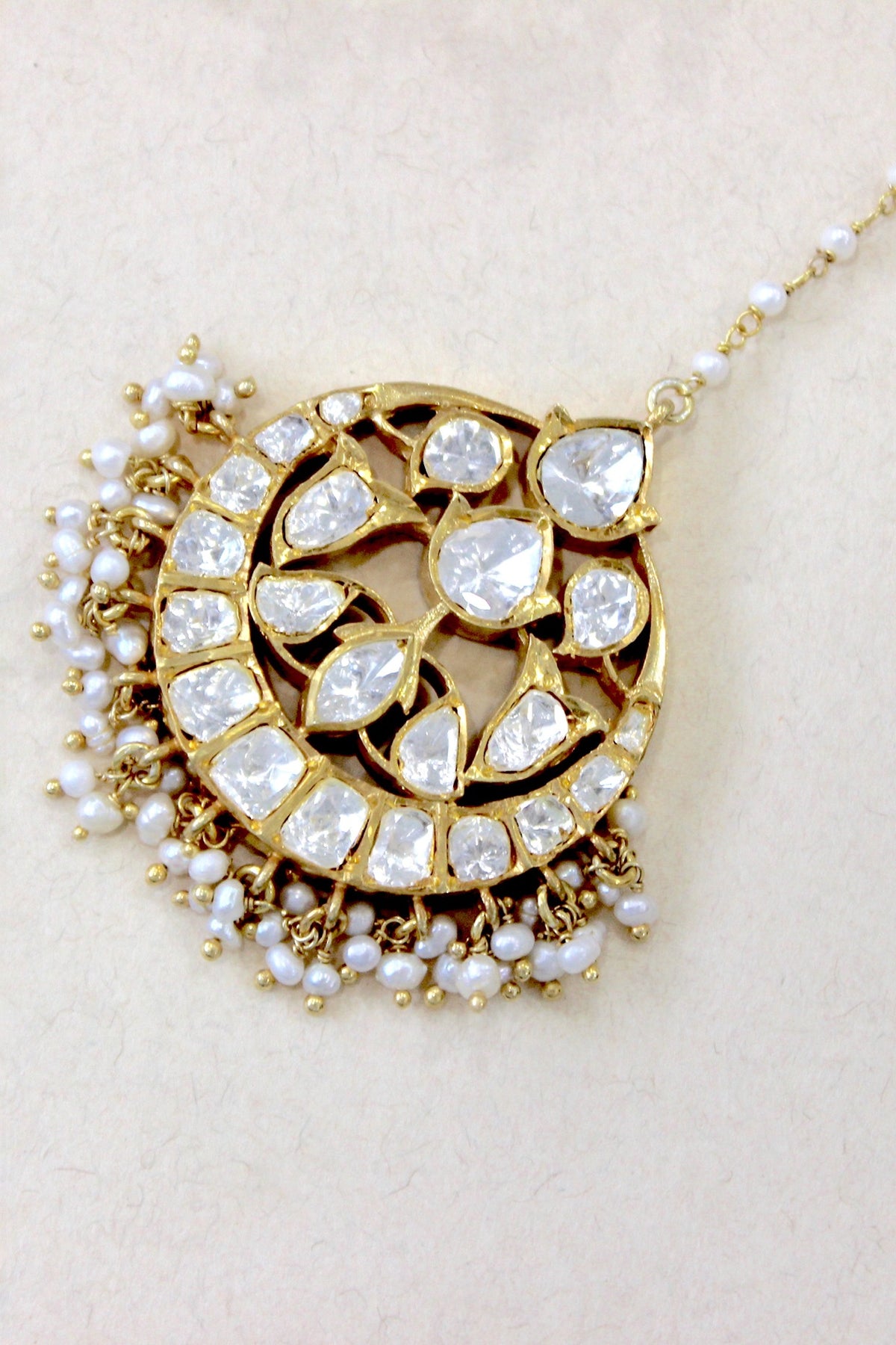 Gold Plated Moissanite Polki & Semi-Precious Stone Maangtikka In Sterling Silver
