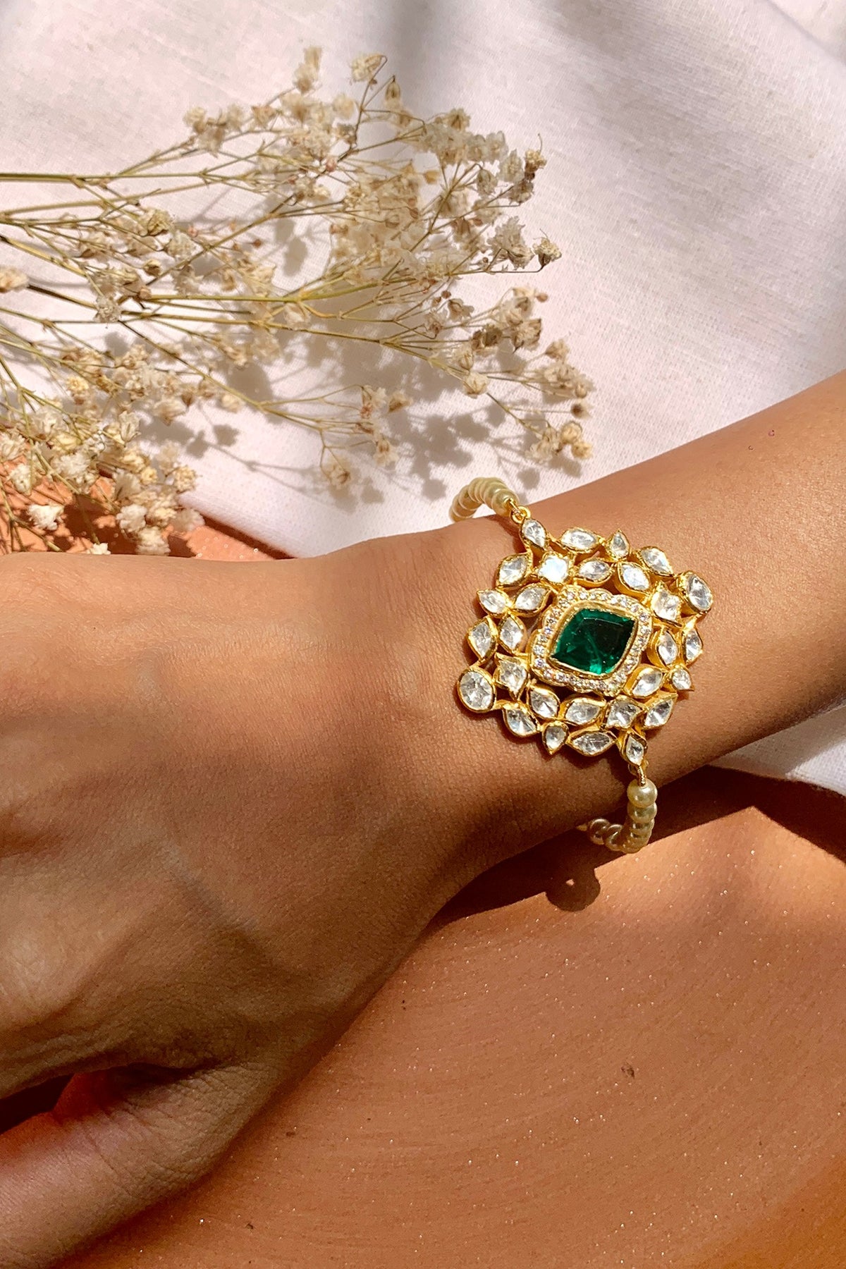 Gold Plated Moissanite Polki & Semi-Precious Stone Bracelet In Sterling Silver