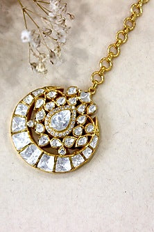 Gold Plated Moissanite Polki & Semi-Precious Stone Maangtikka In Sterling Silver