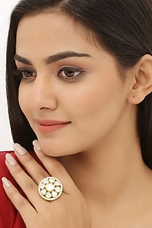 Gold Finish Kundan Adjustable Ring In Sterling Silver