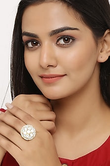Gold Finish Pearl Adjustable Ring In Sterling Silver