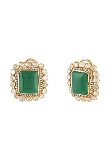 Gold Finish Green Semi-Precious Stone Stud Earrings In Sterling Silver