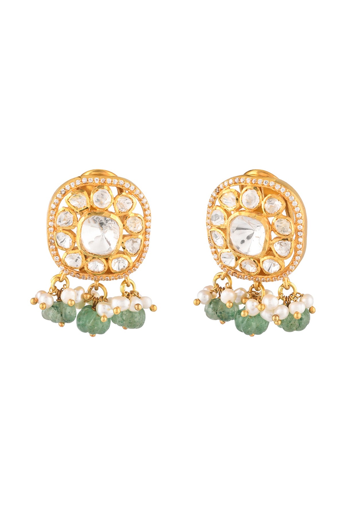 Gold Finish Kundan Polki & Semi-Precious Stone Stud Earrings In Sterling Silver