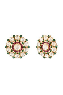 Gold Finish Kundan Polki Stud Earrings In Sterling Silver