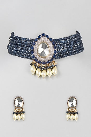 White Finish Blue Beaded Choker Necklace Set