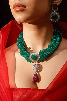 Gold Finish Kundan Polki & Green Stone Necklace Set