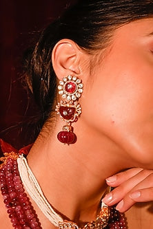 Gold Finish Kundan Polki & Red Stone Long Necklace Set