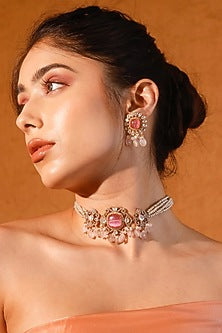 Gold Finish Kundan Polki & Pink Stone Choker Necklace Set
