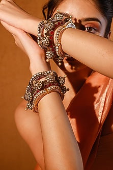 Gold Finish Kundan Polki & Pink Stone Bangles (Set of 2)