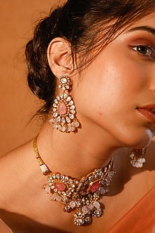 Gold Finish Kundan Polki & Multi-Colored Stone Choker Necklace Set