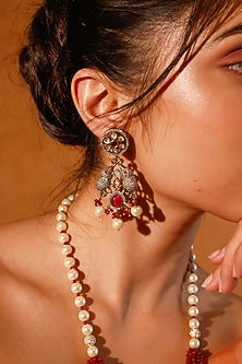 Gold Finish Kundan Polki & Multi-Colored Stone Long Necklace Set