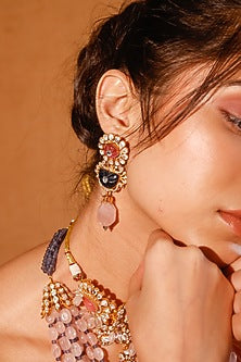 Gold Finish Kundan Polki & Multi-Colored Stone Long Necklace Set