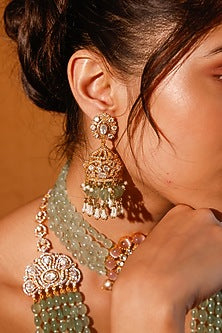 Gold Finish Kundan Polki & Green Stone Long Necklace Set