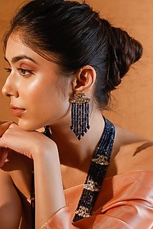 Gold Finish Kundan Polki & Multi-Colored Stone Long Necklace Set