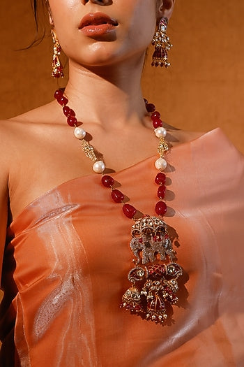 Gold Finish Kundan Polki & Multi-Colored Stone Long Necklace Set