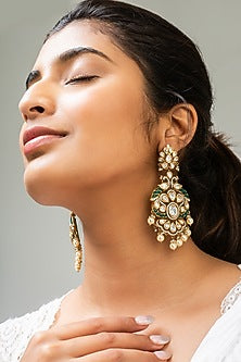 Gold Finish Green Kundan Polki Dangler Earrings