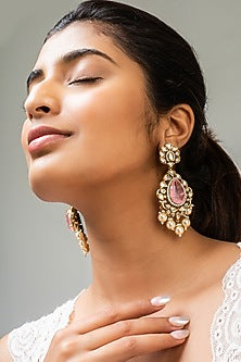 Gold Finish Pink Kundan Polki Dangler Earrings