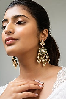 Gold Finish Green Kundan Polki Dangler Earrings