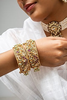 Gold Finish Kundan Polki & Red Stone Kadas (Set Of 2)