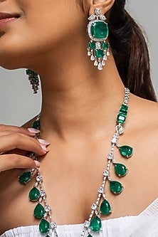 Gold Finish American Diamond & Green Stone Long Necklace Set