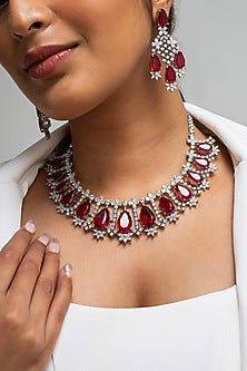 Gold Finish American Diamond & Red Stone Necklace Set