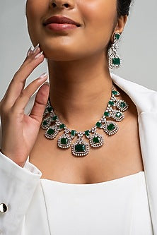 Gold Finish American Diamond & Green Stone Necklace Set