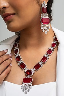 Gold Finish American Diamond & Red Stone Long Necklace Set