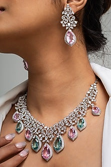 Gold Finish American Diamond & Multi-Colored Stone Necklace Set