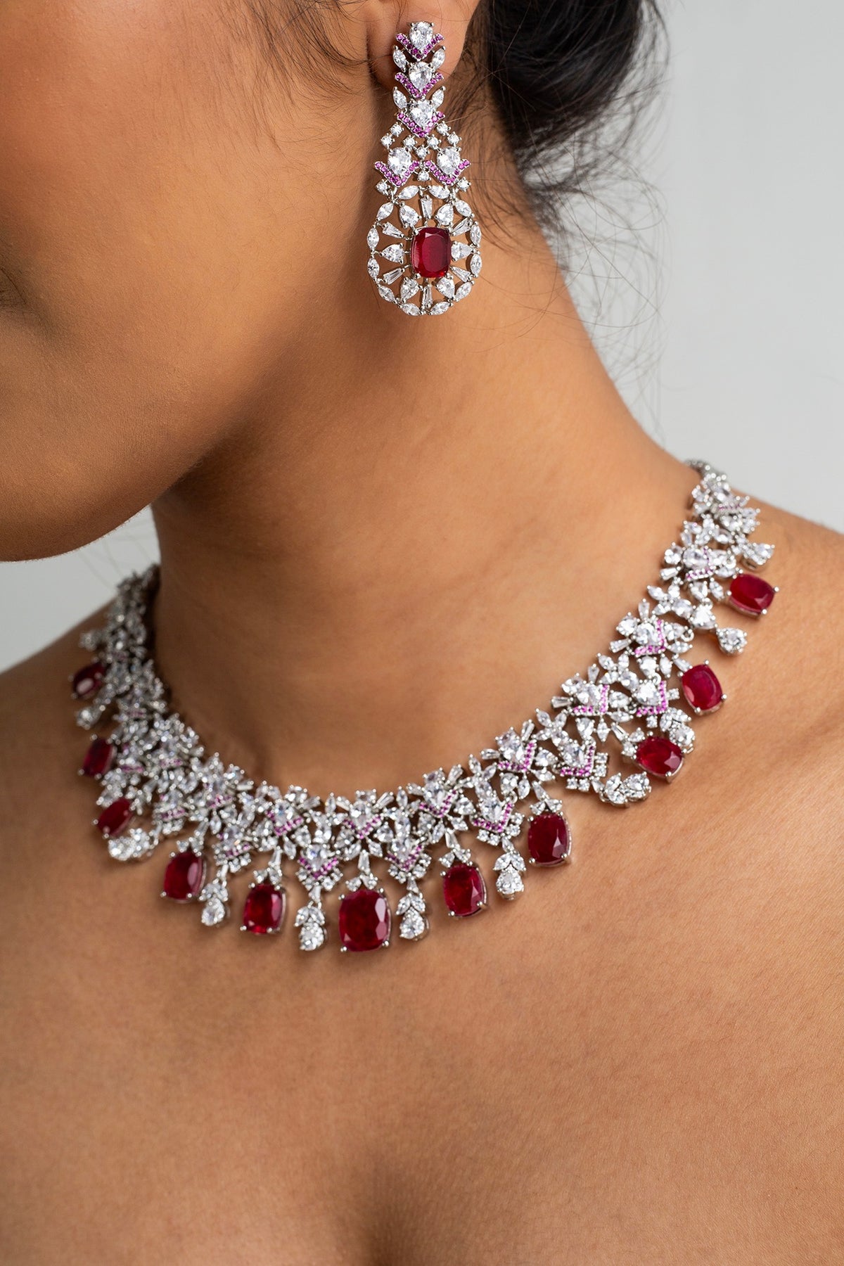 Gold Finish American Diamond & Red Stone Necklace Set