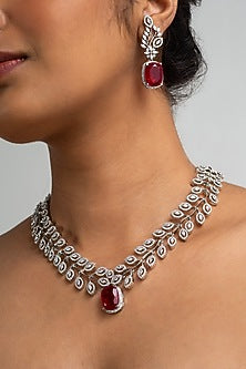 Gold Finish American Diamond & Red Stone Necklace Set