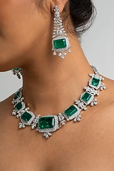 Gold Finish American Diamond & Green Stone Necklace Set