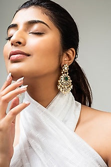 Gold Finish Green Kundan Polki Dangler Earrings