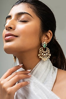 Gold Finish Green Kundan Polki Dangler Earrings